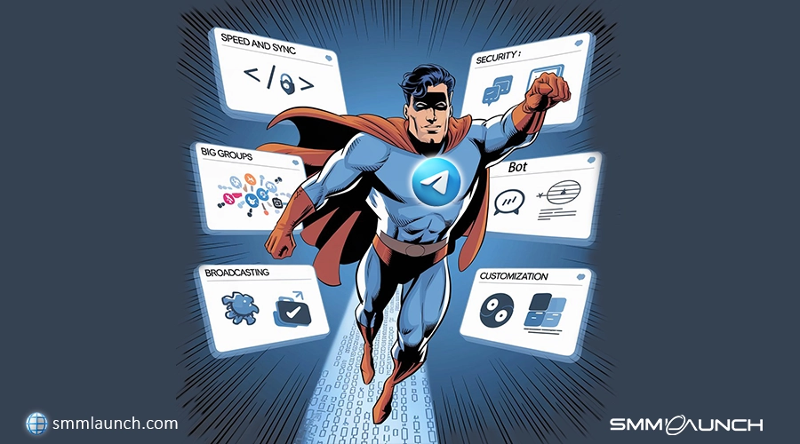 Telegram depicted as a superhero with powers of Speed and Sync, Security, Big Groups, Broadcasting, and Bots and Customization.