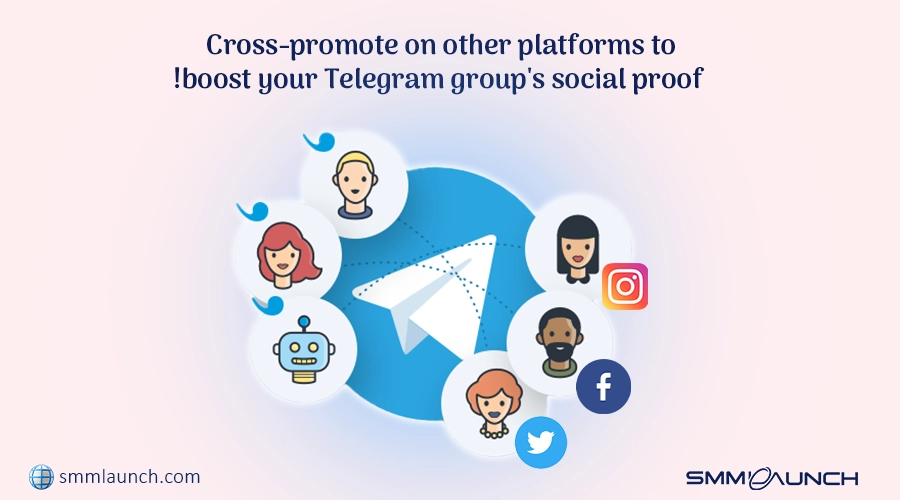 Illustration of a Telegram logo surrounded by icons representing users and social media platforms like Instagram, Facebook, and Twitter. The text reads 'Cross-promote on other platforms to boost your Telegram group's social proof!' highlighting how cross-promotion can increase social proof on Telegram by drawing in users from other networks.