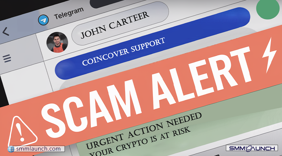 Close-up of a Telegram chat window with an overlaid scam warning banner in bold salmon-orange text, alerting users of crypto risks and urging immediate action.