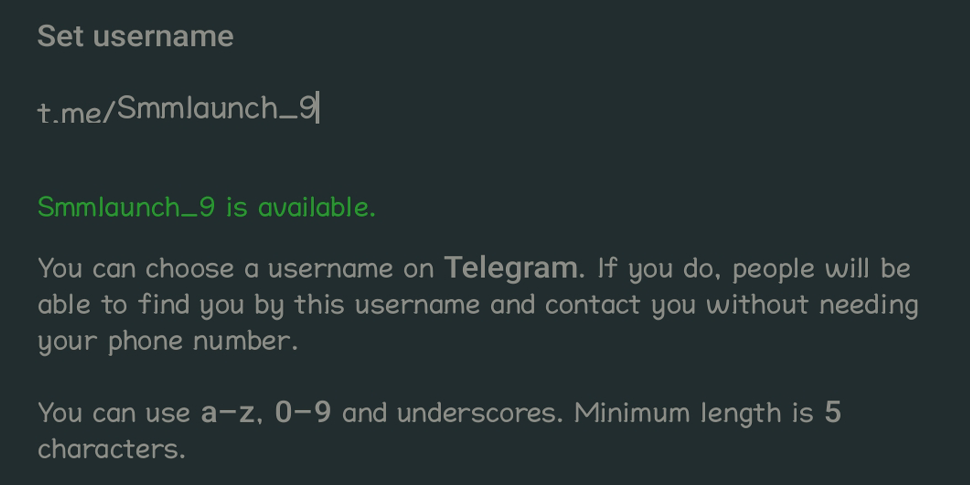 Screenshot of a Telegram username setup page showing the username 'Smmlaunch_9' is available, with guidelines for creating a username using letters, numbers, and underscores, with a minimum length of 5 characters.