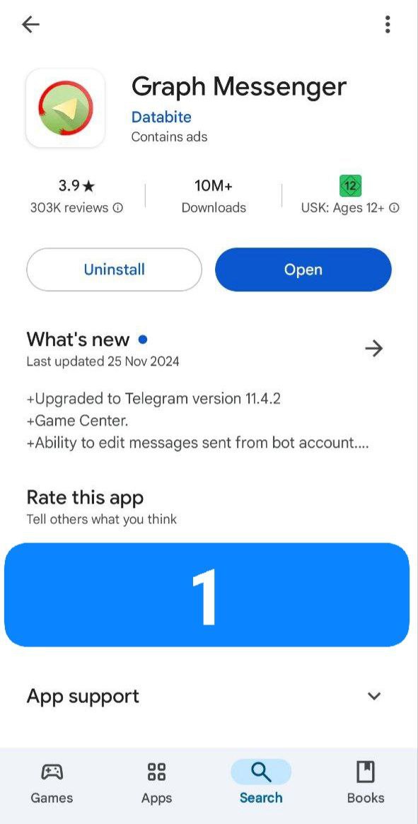 A screenshot of Graph Messenger app in google store showing step 1 in checking telegram bot quality