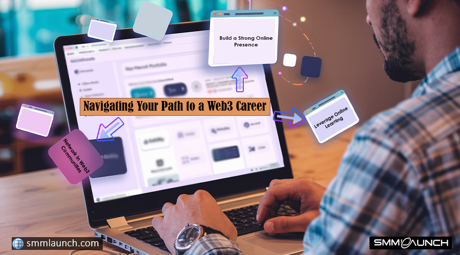 A man sits at a laptop, focused on the screen displaying Web3 career navigation content. The screen features text like 
