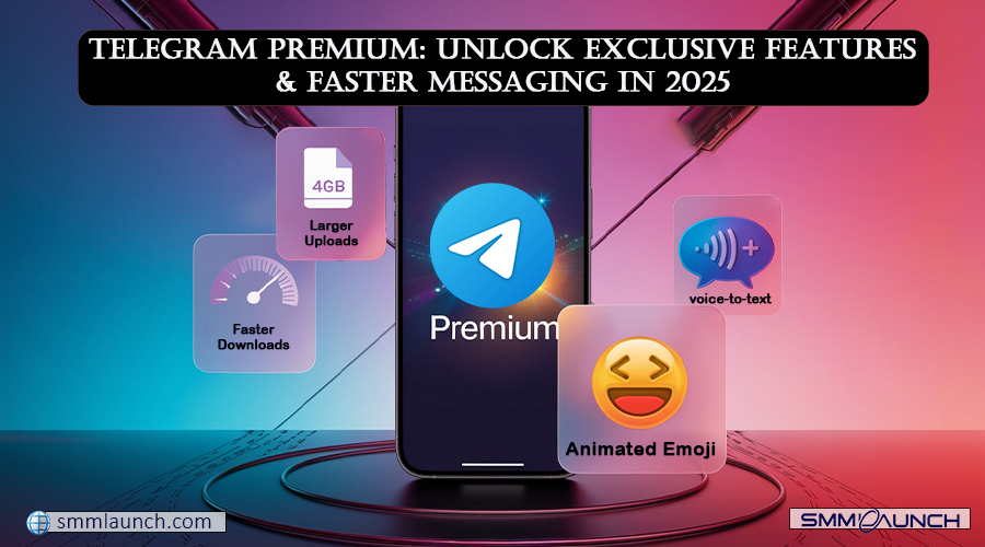 A smartphone screen displaying the Telegram Premium app, surrounded by icons representing exclusive features, set against a modern, colorful background, emphasizing Telegram subscription rates.