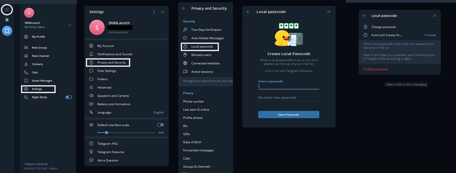 The image is a step-by-step guide to setting a local passcode in Telegram Desktop. It starts by navigating to Settings from the main menu, then selecting Privacy and Security. From there, the Local passcode option is highlighted, leading to a screen where users can create a passcode by entering and confirming it. Once set, options to change or disable the passcode and enable auto-lock are available. An illustration of a duck holding a safe decorates the passcode setup screen.