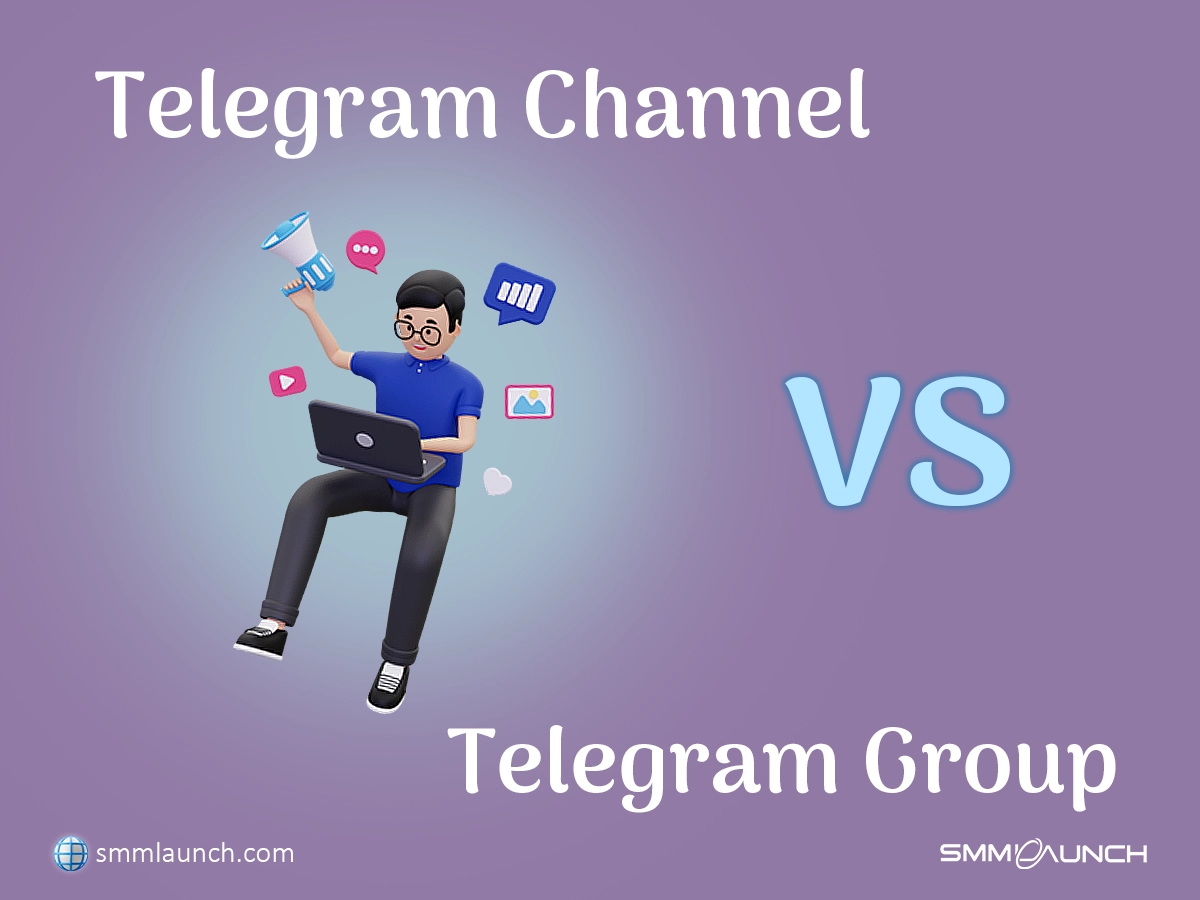 Comparison between Telegram Channel and Telegram Group. An illustration shows a person holding a megaphone, representing communication in a Telegram channel versus a group chat. The image highlights the distinction between the two formats.