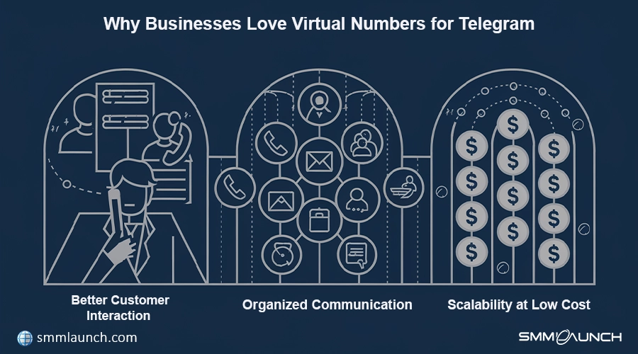 An infographic titled 'Why Businesses Love Virtual Numbers for Telegram' features three sections. The first section shows icons representing chats and phone calls under the heading 'Better Customer Interaction.' The second section illustrates interconnected communication icons like messages, calls, and contacts under 'Organized Communication.' The third section displays stacks of dollar symbols representing 'Scalability at Low Cost.' At the bottom left, the website smmlaunch.com is noted, and the bottom right shows the logo of SMM Launch.