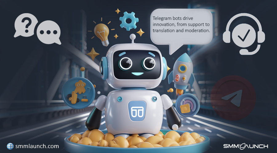 A 3D-style image featuring a cute AI robot mascot with large, expressive eyes and a cheerful smile. The robot is surrounded by symbols representing various functions and capabilities, including a light bulb for ideas, a wrench for settings, speech bubbles for communication, and a rocket symbolizing growth and innovation. In the background, the Telegram and support icons are subtly visible. A speech bubble near the robot reads: 