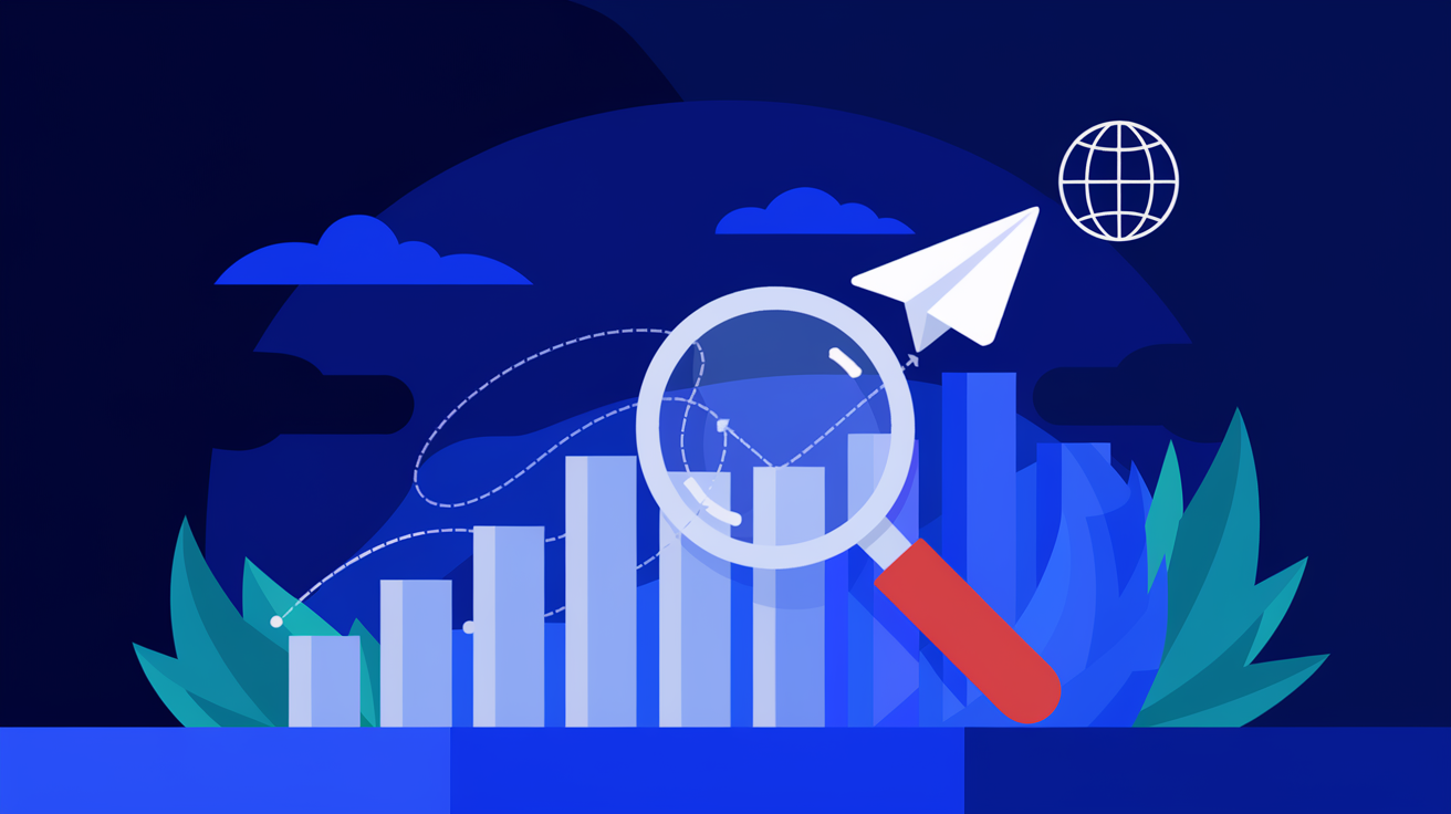 Illustration of a magnifying glass over a bar chart with a paper plane and globe, representing growth and strategies to enhance Telegram search rankings.