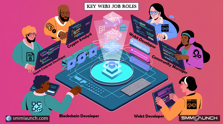 A vibrant illustration showcasing a diverse group of people gathered around a table, working together with laptops and devices. The group, representing different genders, skin tones, and hairstyles, is engaged in Web3 tasks with laptops displaying code and logs. The table, dark blue with a light blue circle in the center, features various icons and symbols. The image is set against a pink gradient background, with the title 'KEY WEB3 JOB ROLES' at the top and the website URL 'smmlaunch.com' in the bottom-left corner, emphasizing the dynamic and collaborative nature of the Web3 jobs fields.