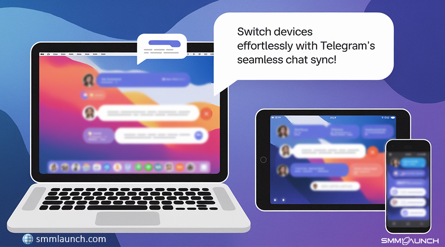 This image illustrates Telegram's capability for seamless chat synchronization across multiple devices. It displays a laptop, tablet, and smartphone, all showing a similar messaging interface with ongoing chats. A speech bubble above the devices states, 