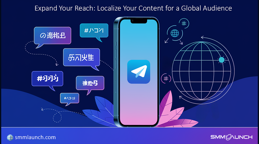 Illustration of a smartphone displaying the Telegram app icon, surrounded by multilingual hashtags and speech bubbles, emphasizing global localization for content marketing. The image includes a globe symbol with connected nodes, reflecting global reach, and a headline promoting the benefits of localized content for an international audience. SMMLaunch branding is present at the bottom.