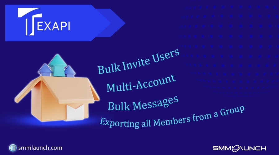 Marketing image for Texapi, a social media management tool with features like bulk user invitations, multi-account management, bulk messaging, and exporting all members from a group. The image highlights Texapi’s capabilities to extract members from telegram channel.