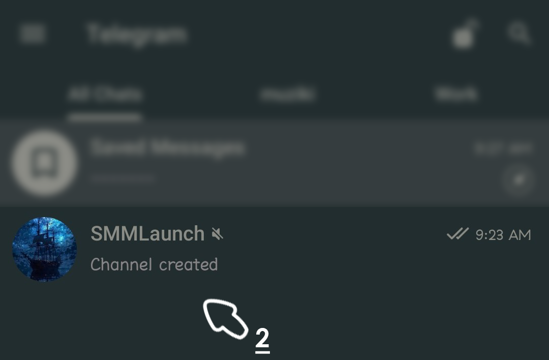 A screenshot of the Telegram app interface showing a newly created channel named 'SMMLaunch' with a muted notification icon. The text 'Channel created' is displayed below the channel name, along with a timestamp of '9:23 AM.' A white hand-drawn arrow labeled '2' points to the channel.