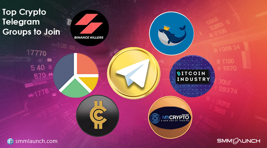 Circular icons representing top cryptocurrency Telegram groups over a data-filled reddish-purple background, highlighting Crypto Telegram Channels.