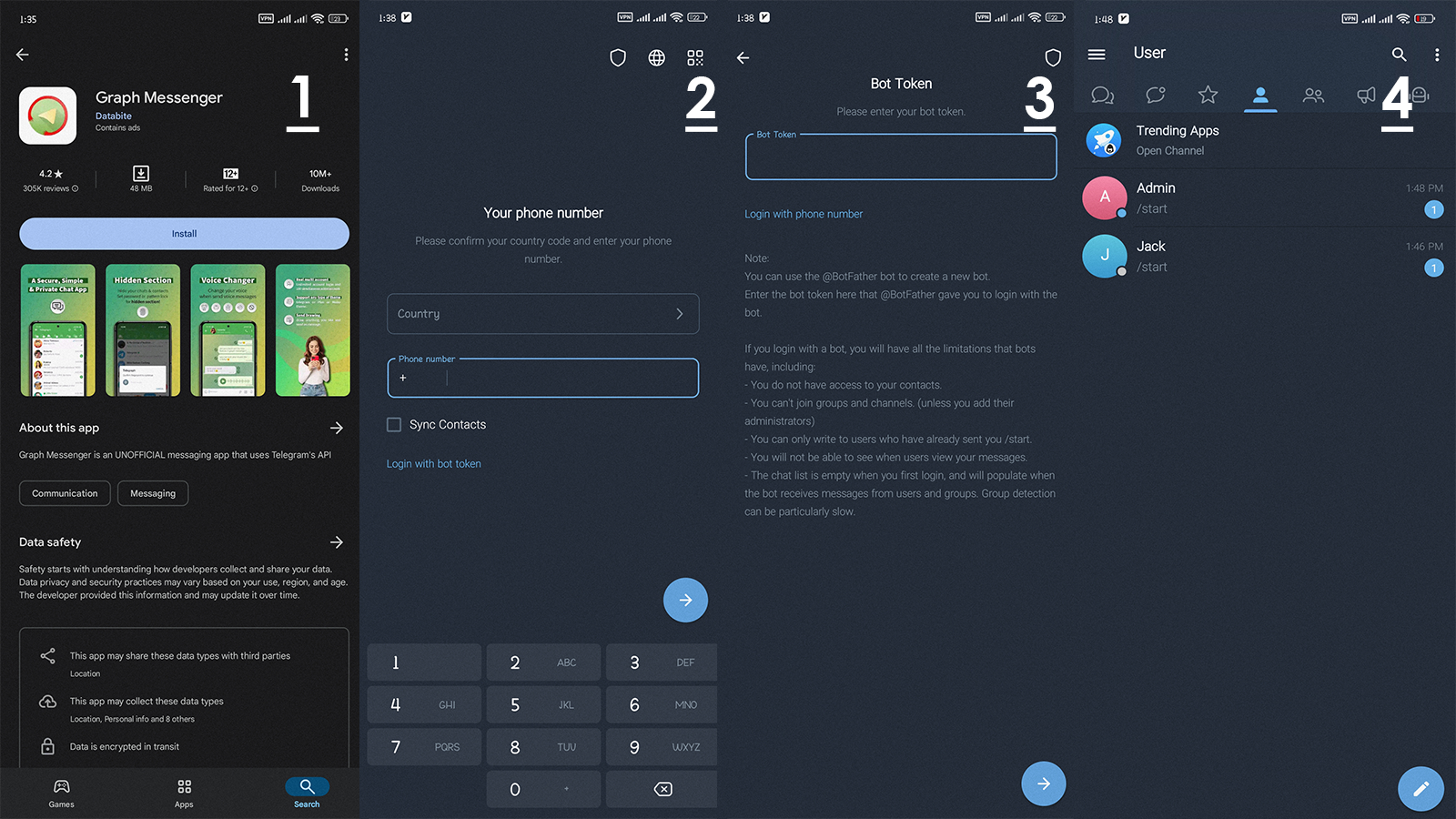 A collage showing four steps for setting up Graph Messenger: (1) The app's download page on the Play Store. (2) Inputting your phone number with country code. (3) Entering the bot token to log in, with details about bot limitations. (4) The chat interface displaying conversations with users 'Admin' and 'Jack.' The interface features a dark theme for ease of viewing.