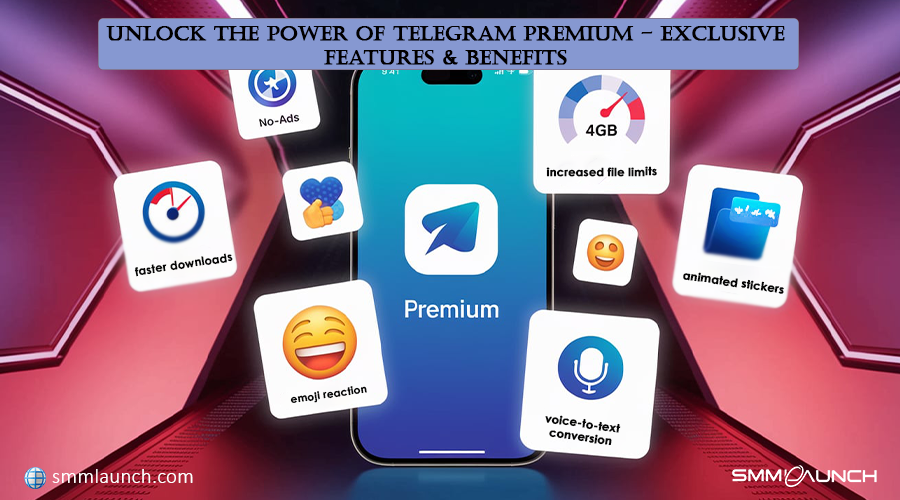 A smartphone with the Telegram Premium logo, surrounded by icons showcasing exclusive features, with a vibrant red and purple background emphasizing the Telegram Premium Membership Price.