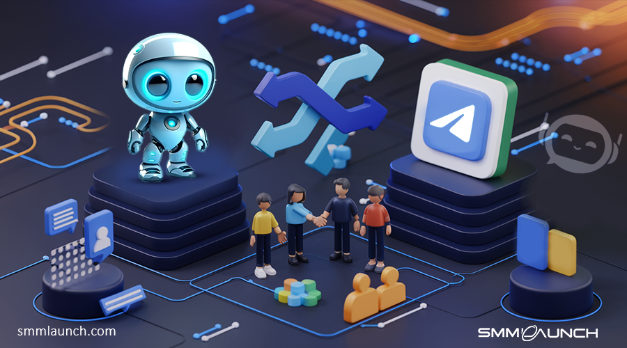 A 3D graphic featuring a friendly robot and messaging app icons, highlighting automation and social media growth, with the SmmLaunch logo.