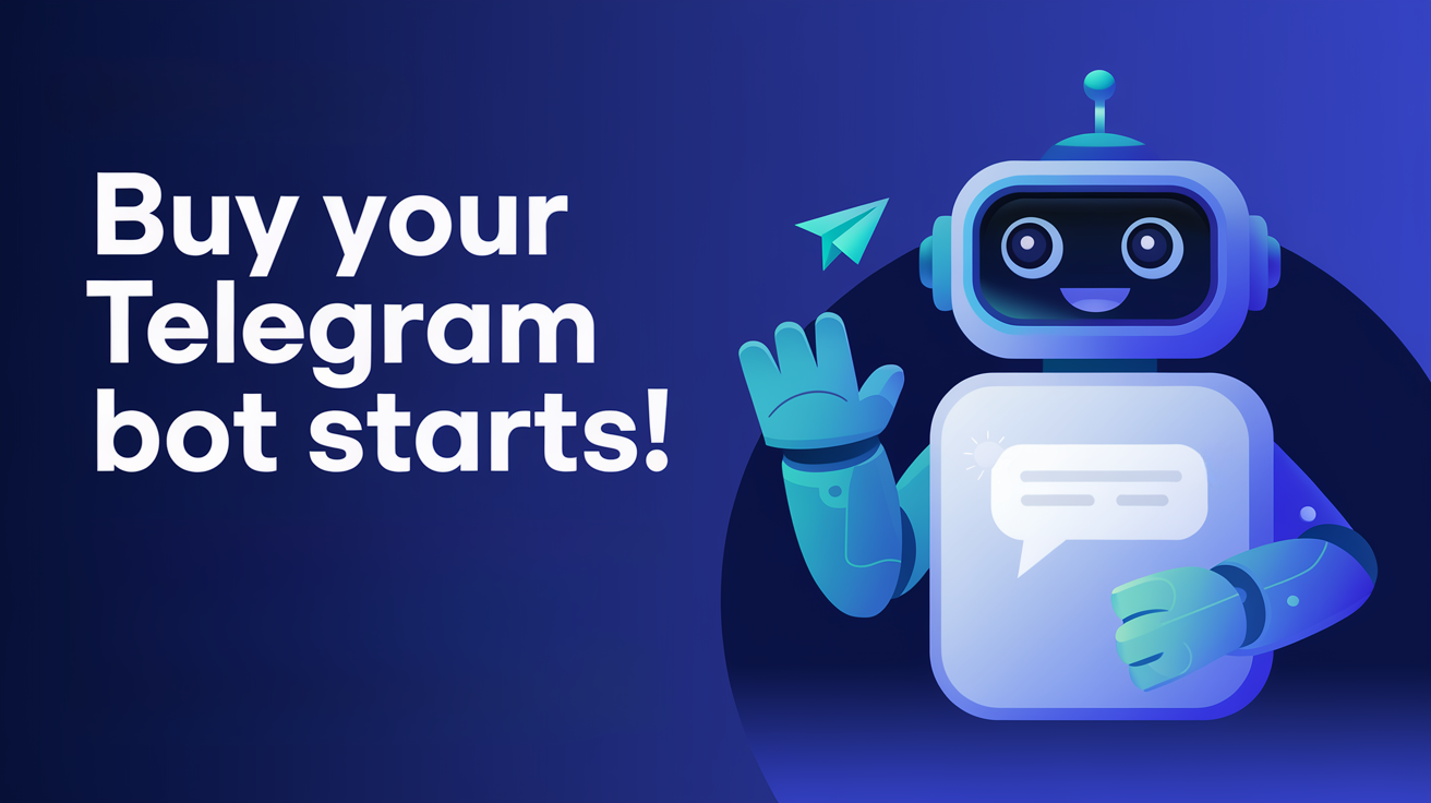 3D illustration of a smiling chatbot with a modern design, waving its hand, accompanied by text that reads 'Buy your Telegram bot starts!' on a gradient blue background with a paper plane icon.