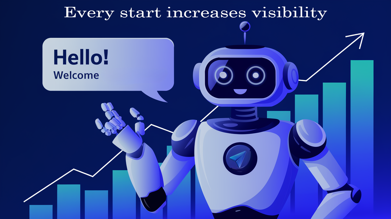 Illustration of a friendly robot welcoming users with a message, representing the concept of a Telegram bot start, where new users initiate interaction to boost visibility and ranking.