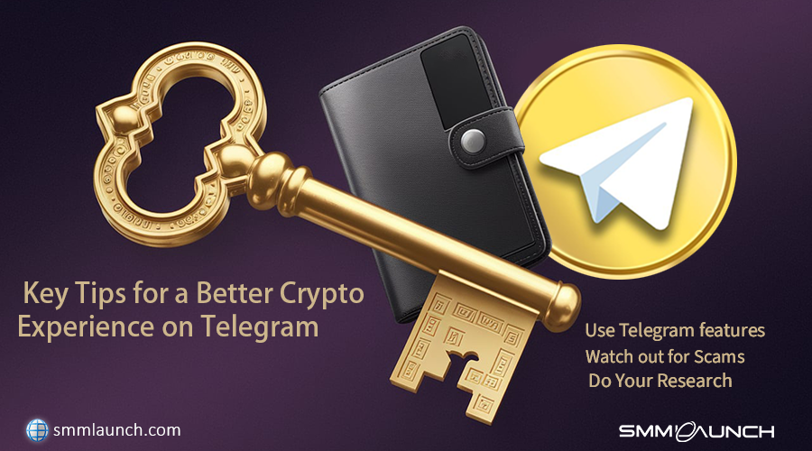 Promotional graphic featuring a gold key and leather wallet, offering tips for a better crypto experience on Telegram, with the Telegram app logo.