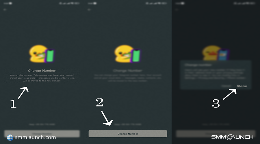 Steps to change the phone number in Telegram. The first screen highlights the instructions with an arrow labeled '1.' The second screen shows the 'Change Number' button with an arrow labeled '2.' The third screen displays a confirmation dialog with the 'Change' button highlighted and labeled '3.'