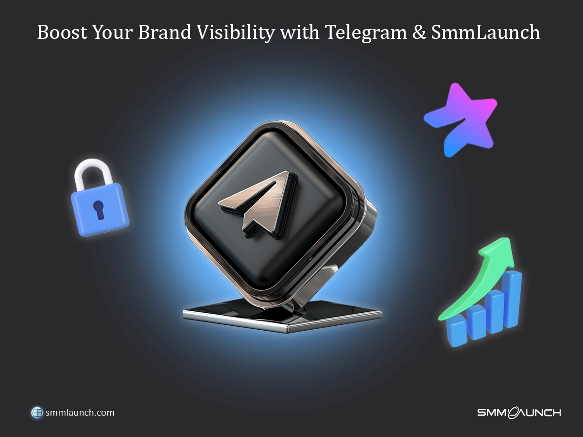 Telegram app icon with lock, star, and growth arrow symbols, accompanied by the text 'Boost Your Brand Visibility with Telegram & SmmLaunch's Social Media Services for Telegram.