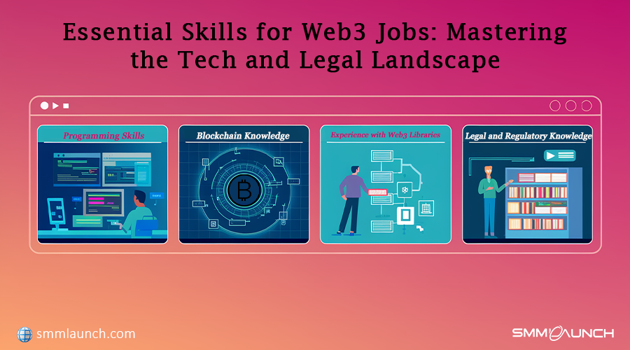 A web-based graphic highlighting four essential skills for Web3 jobs. The top section features the title 'Essential Skills for Web3 Jobs: Mastering the Tech and Legal Landscape.' The four panels include: 'Programming Skills' with a person coding on a computer, 'Blockchain Knowledge' with a Bitcoin symbol, 'Experience with Web3 Libraries' featuring a person interacting with a complex graphic, and 'Legal and Regulatory Knowledge' showing a person in front of a bookshelf. The bottom of the image displays the website URL 'smmlaunch.com' and the wordmark 'SMMLAUNCH.' The background has a smooth gradient from light pinkish-purple to darker pinkish-purple, creating a modern aesthetic.