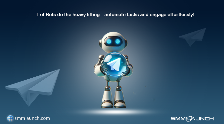 The image showcases a friendly robot holding a large, glowing Telegram logo, symbolizing the role of bots in automating tasks on Telegram. The robot, with a futuristic design and blue-lit eyes, stands against a dark gradient background, creating a tech-focused atmosphere. Two paper airplane icons, resembling the Telegram logo, float on either side of the robot, reinforcing the connection to the platform. The image conveys the concept of using bots to handle repetitive tasks, allowing brands to engage effortlessly and streamline their social media marketing activities on Telegram. This automation is ideal for businesses seeking efficient ways to connect with their audience, provide updates, and manage interactions with minimal manual effort.