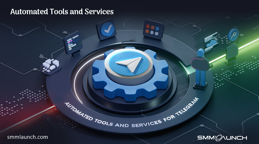 A promotional image highlighting automated tools for Telegram, with a gear and Telegram logo at the center, showcasing workflow automation and integration.