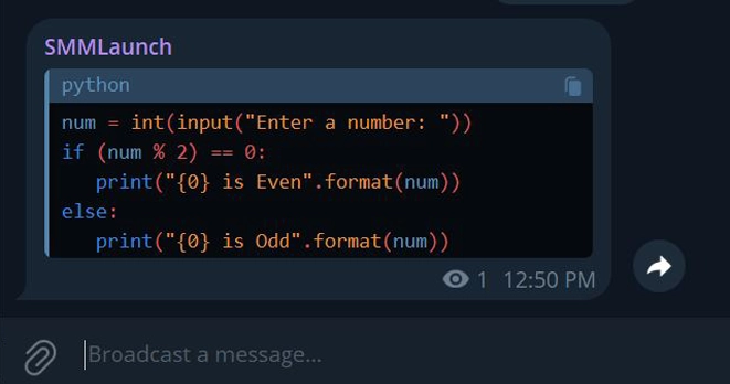 Python code snippet to check if a number is even or odd. The program takes user input, checks if the number is divisible by 2, and prints whether the number is even or odd using conditional statements and formatted strings. showing displaying block codes in telegram.