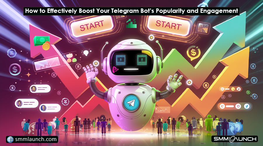 Illustration of a Telegram bot standing before arrows and social media symbols, depicting strategies to buy Telegram bot starts and reach a wider audience.