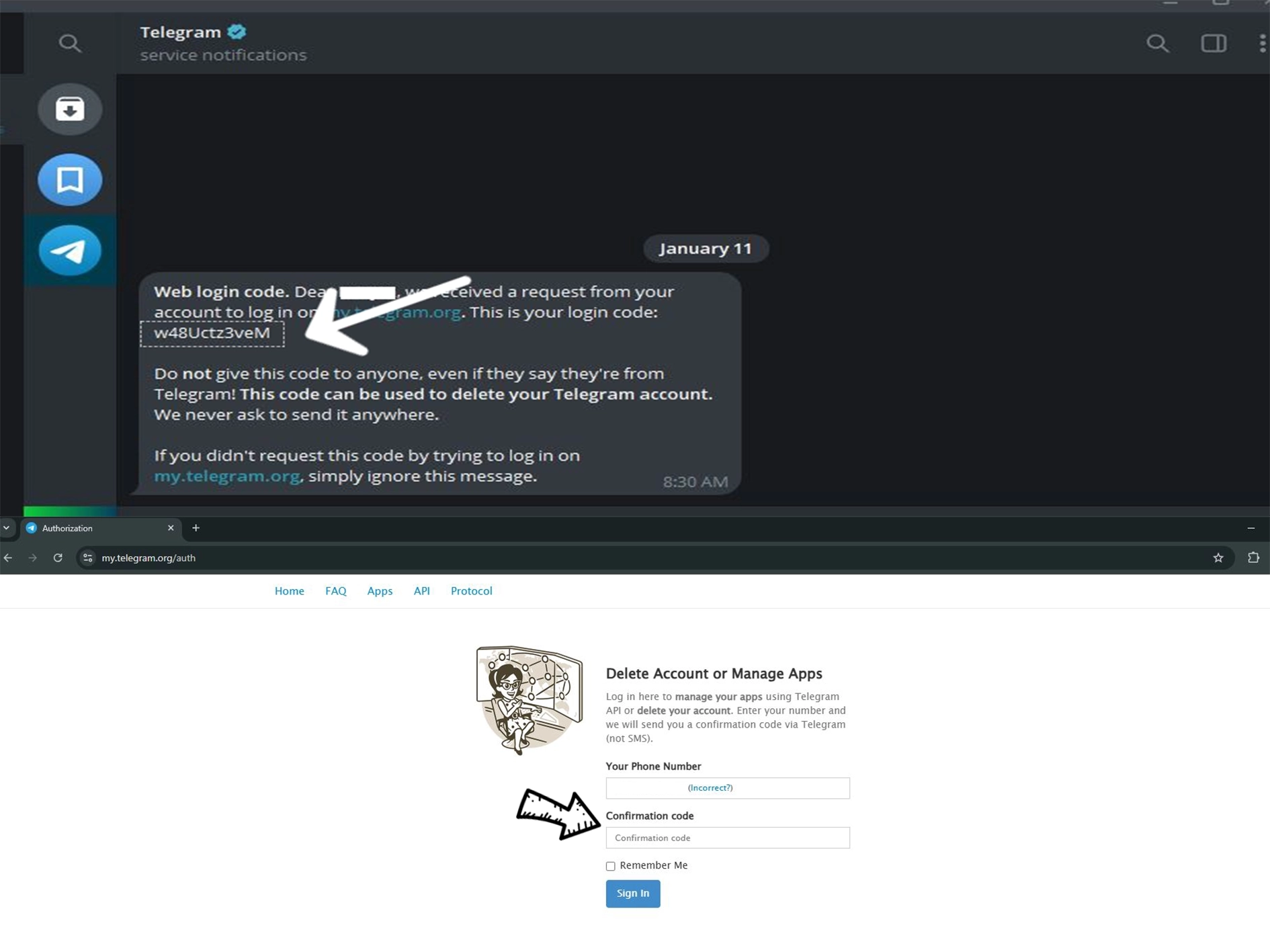 Telegram login process showing a service message with a web login code and a corresponding input field on the account management page for entering the code to proceed.