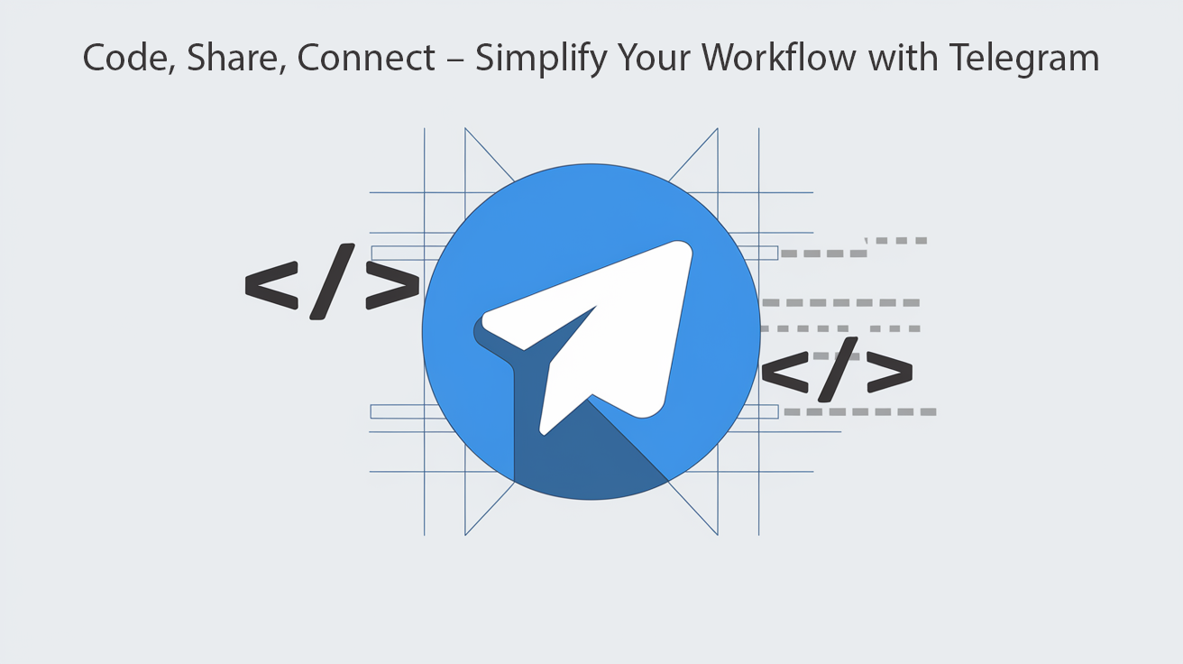 Illustration of the Telegram logo at the center, surrounded by coding symbols (</>), overlaid on a blueprint-like grid. The image visually represents the integration of coding, sharing, and workflow simplification using Telegram, highlighted by the tagline 'Code, Share, Connect – Simplify Your Workflow with Telegram' at the top.