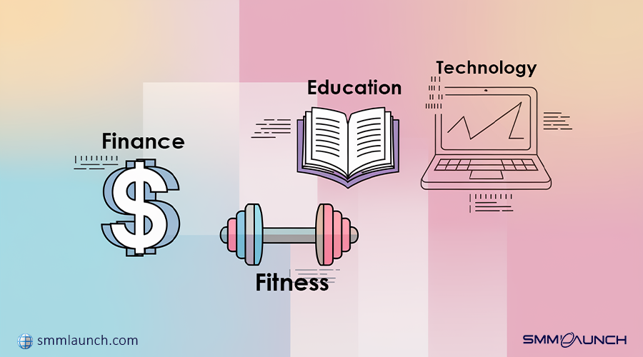 An infographic illustrating four popular categories for creating a profitable Telegram channel. The image features icons representing finance (a dollar sign), education (an open book), fitness (dumbbells), and technology (a laptop with a graph), all presented against a gradient background. The branding 