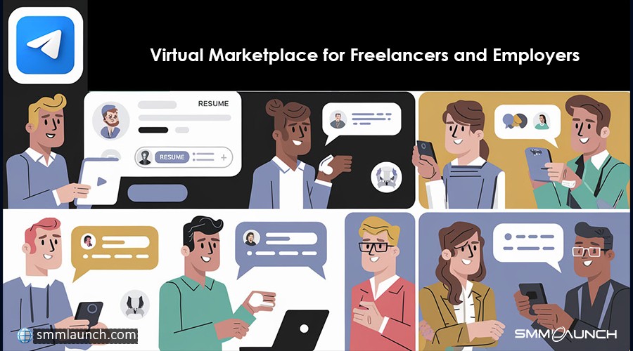 A promotional graphic with nine cartoon-style panels showcasing people interacting and searching for job opportunities in a virtual marketplace for freelancers and employers.