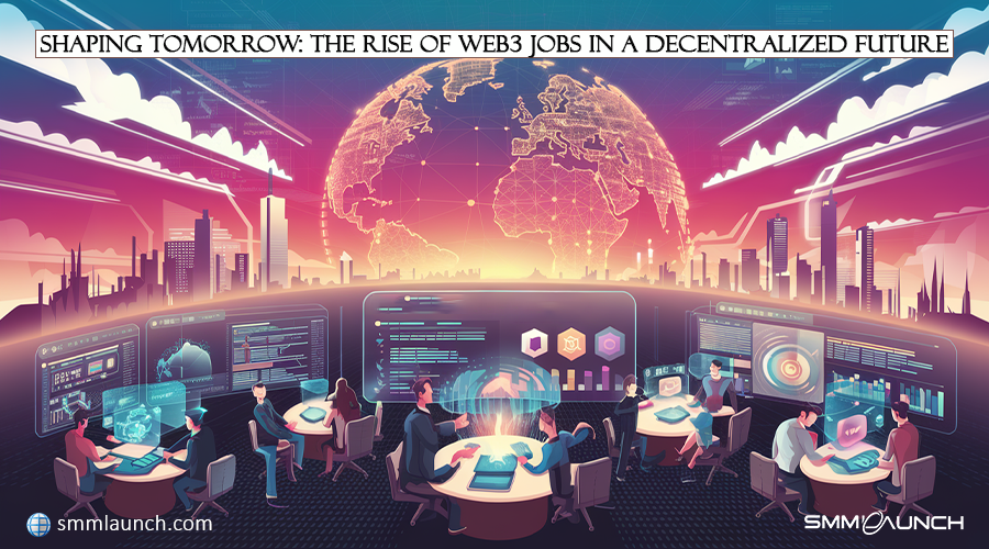  A futuristic, digital control room filled with individuals in business attire, working around tables with laptops and high-tech tablets displaying intricate data visualizations. Behind them, a panoramic cityscape and a stylized Earth with a global network of lines suggest global communication and a decentralized future. The background blends urban architecture with digital interfaces, creating a vibrant, abstract setting. The title 