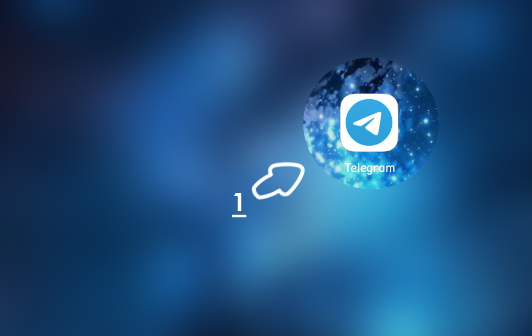 A close-up image of the Telegram app icon displayed on a smartphone screen with a blue, starry background. A white hand-drawn arrow points towards the app icon, labeled '1' below the arrow.