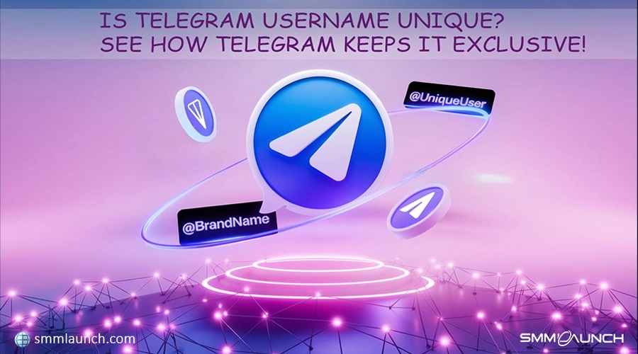 An image showcasing the Telegram logo at the center, encircled by a glowing digital ring symbolizing connectivity and exclusivity. Surrounding the logo are two floating username tags, '@BrandName' and '@UniqueUser,' emphasizing the concept of unique Telegram usernames. The background features a vibrant purple and pink gradient with a subtle digital network design at the base, representing modern technology and blockchain integration. The headline text, 'Is Telegram Username Unique? See How Telegram Keeps It Exclusive!' is prominently displayed at the top in bold, futuristic font, drawing attention to the core theme of the image. The SMMlaunch.com branding is placed discreetly in the lower-left corner, ensuring recognition while maintaining a clean, professional layout.