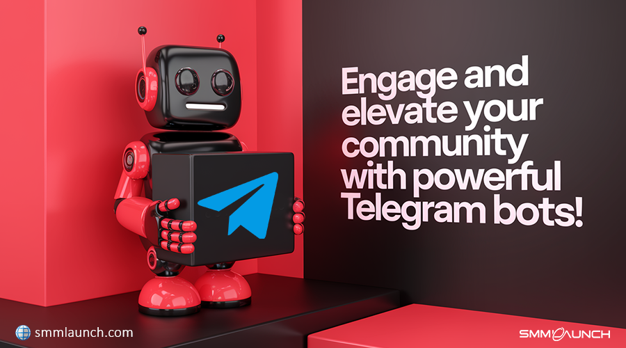 A vibrant promotional image featuring a red and black robot holding a sign with the Telegram logo on it. The background is split into red and black panels, with bold white text that reads, 