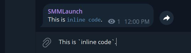 Screenshot of a Telegram message demonstrating the use of inline code formatting. The message highlights the text This is inline code wrapped in backticks (`), rendered as formatted text in the chat interface.