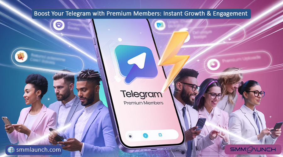 A central smartphone with the Telegram logo surrounded by diverse individuals using their phones, symbolizing the global impact of Telegram Premium Members.