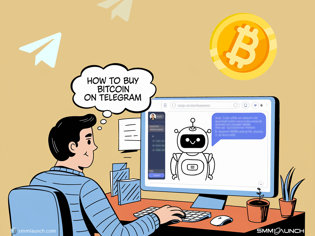 Cartoon illustration of a man learning how to buy Bitcoin on Telegram, featuring a chatbot on his computer screen and a Bitcoin coin above.