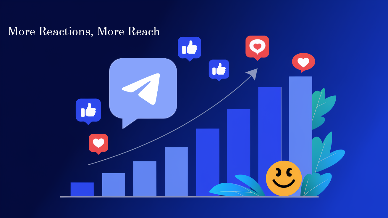 A bar chart showing growth in engagement with a Telegram logo and reaction icons, symbolizing the benefits when you buy Telegram reactions, on a dark blue background.