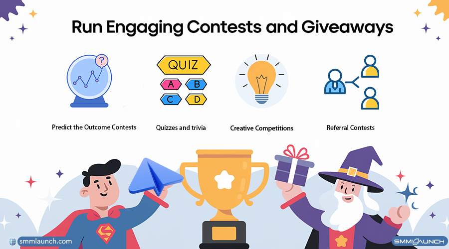 Colorful image about running contests and giveaways, highlighting various competition types for effective Telegram engagement.