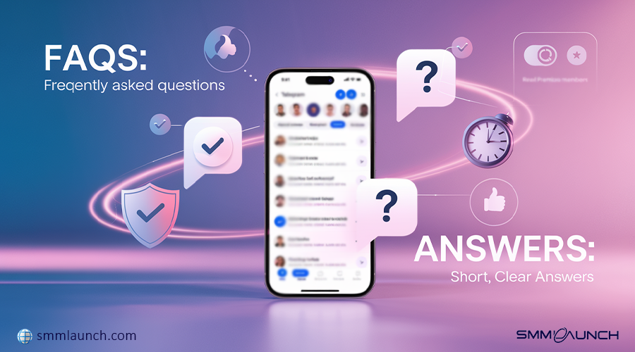 A modern, colorful design featuring FAQs and answers alongside a smartphone and glowing icons, emphasizing the benefits of Telegram Premium Members for enhanced communication.