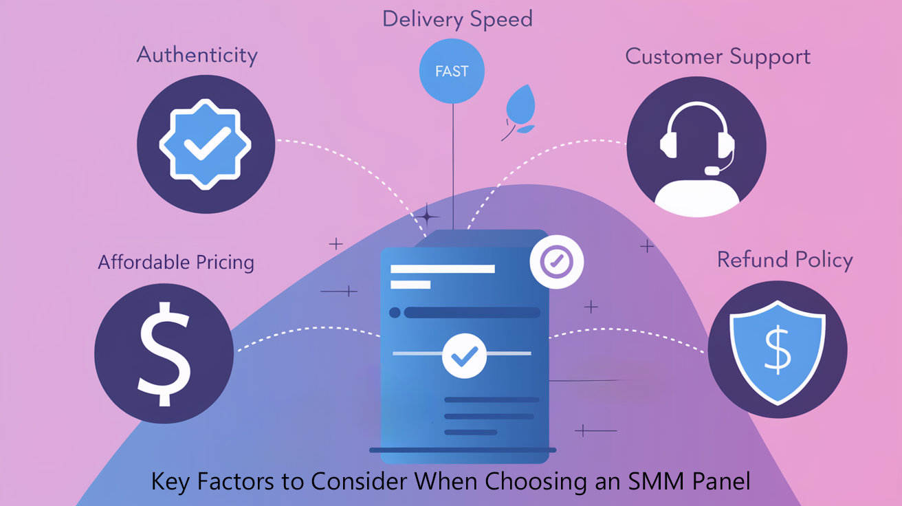 Infographic illustrating key factors for choosing an SMM panel, including authenticity, fast delivery speed, 24/7 customer support, affordable pricing, and refund policy. Features a modern, minimalistic design with a Telegram-inspired color scheme.