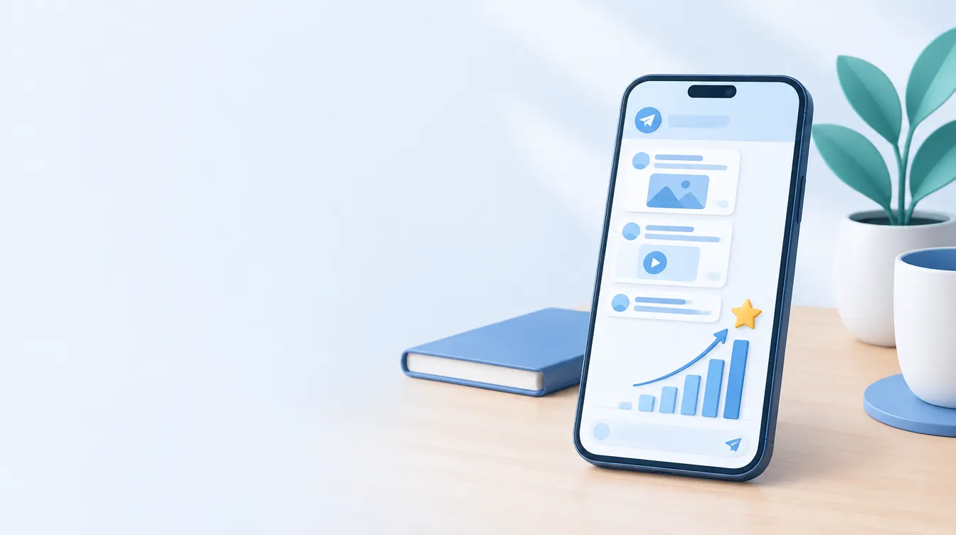 Smartphone showing a Telegram channel feed with a rising member growth chart