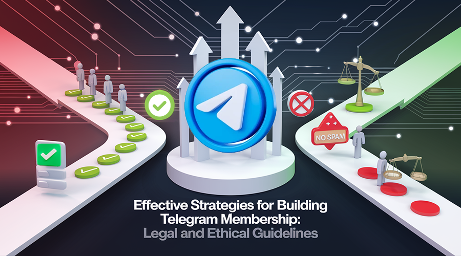 A 3D infographic showcasing effective Telegram membership strategies, featuring diverging paths, growth symbols, and a Telegram logo for ethical community building.