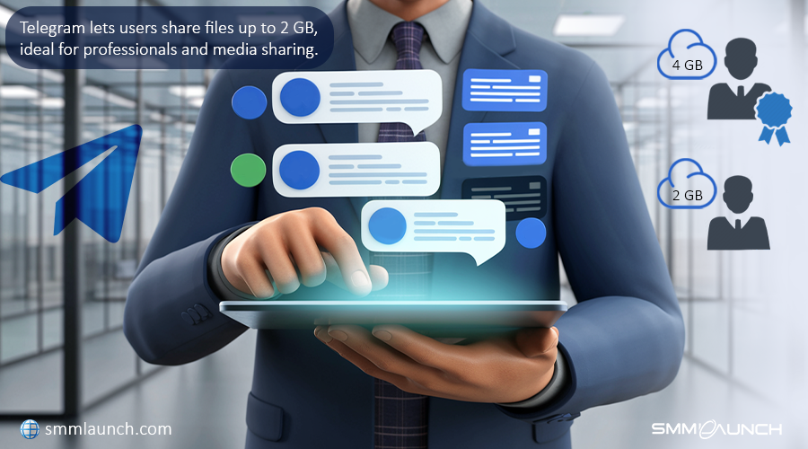 The image shows a professional setting where a person in a suit is holding a tablet, symbolizing Telegram’s appeal to professionals for file sharing. Floating above the tablet are chat bubbles, illustrating messages or file transfers on the platform. Text in the corner highlights Telegram's file-sharing capacity, allowing up to 2 GB for regular users and 4 GB for premium users, ideal for sharing large documents or media files. The Telegram logo and icons indicating different file size limits add emphasis on this feature. The background suggests a corporate environment, aligning with the platform's professional use case.