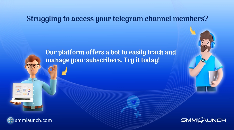 Cartoon advertisement showing a happy character with subscriber data on their laptop and a confused character thinking about how to see others' Telegram channel subscribers, highlighting a bot platform for subscriber management.